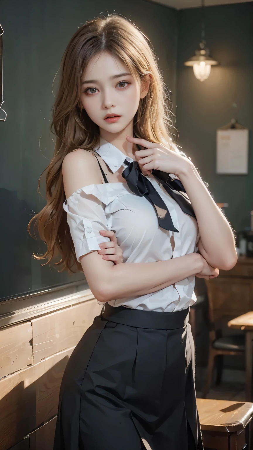 (The upper part of the body: 1.2 1girl, tmasterpiece, Better quality, ultra - detailed, illustratio, 20-year-old brunette girl wearing school uniform, Girl in short skirt, finely detailed eyes and detailed face) The clothes ar: mini-skirts, Tight white blouse, Vera, allure: with short black hair, Clean buns, Natural makeup, (黑The eye: 1.05), White glasses, Wide buttock, senos masivos, seductiv, maternal, at_The_vd_Office, looking at viewert, curvilíneo, voluptuous, full bodyesbian, Madam CEO, (girl in uniform: 1.1), Solo, (Curvy: 1.1), big assa, Thigh thick, A MILF, Classroom Fund,