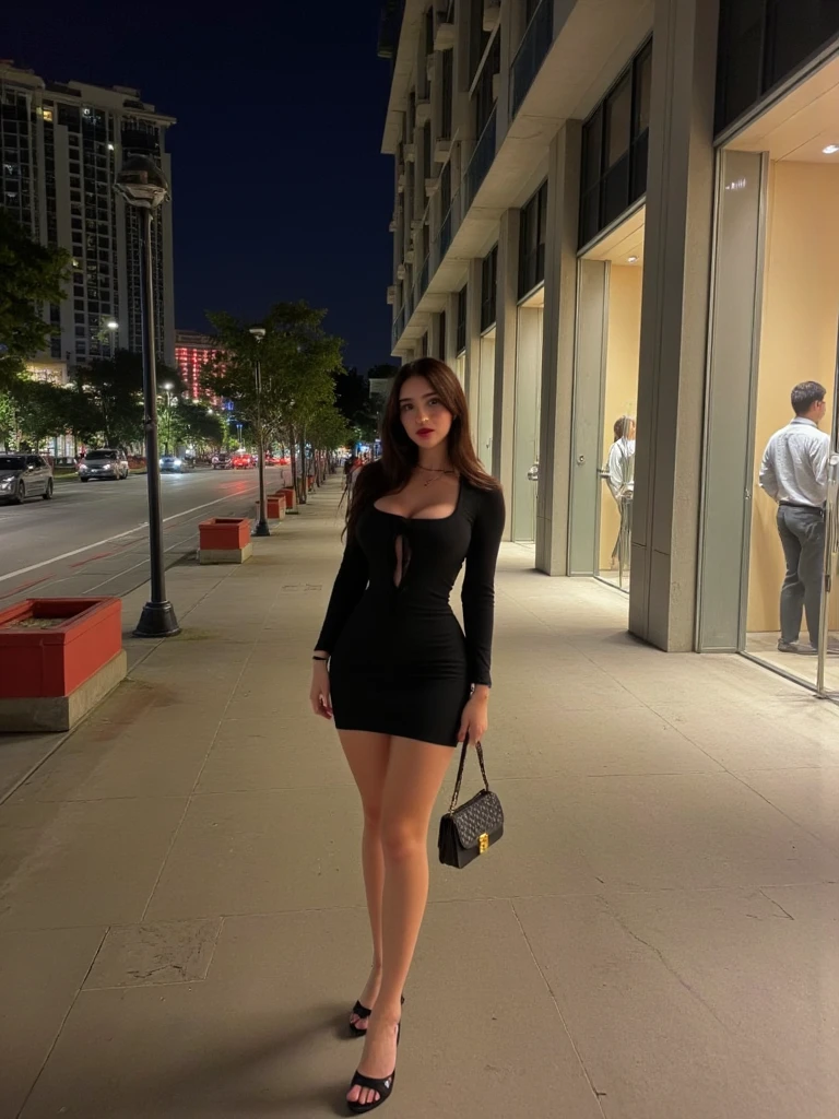 black dress that clings to the body, C-Thru, nice weather, Standing in the middle of a street with many women's clothing stores, long lower body, open toe shoes, black nail polish, full body shot, beautiful breasts,Face of a Korean woman in her 20s, sexy images, brown eyes