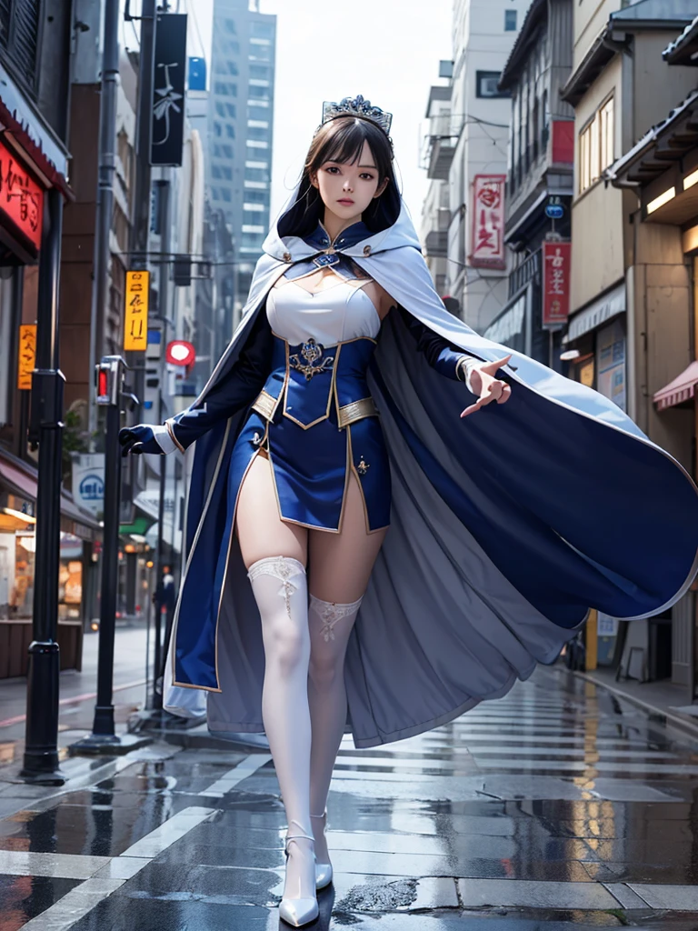South korea asssassin walk women mystery hooded on with modern royal Blue coat with buttons and royal Blue cape and very high white heel over the knee and white gloves, As she reveals a small secret hidden blade, adding to the character’s mysterious and agile appearance, with small movements of air on the cape, in summer at night under the rain, with buildings featuring curved eaves and detailed architecture. The scene is set at night,leaving a body of an armored woman murdered , intricate detail, ultra detail, incredible detail, intricate detail, extremely detailed and intricate, super max, masterpiece, best quality, HDR, UHD, unreal engine. , beautiful face, Rich in details High quality, gorgeous, captivating, 8k, super detailed, stunning shadows, detailed lines