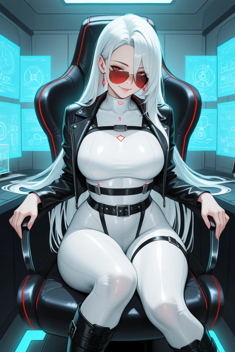 Highest quality、Highest quality、Masterpiece、girl((20-year-old、as soon as、Highest Bust、Medium Bust、Wide open chest、Red glowing eyes、Light Silver Hair、Disheveled Hair、Loincloth、thin、The best valley、Open chest、Full body view、Leather Tank Top、Leather pants、Smile、Leaning forward greatly,Perforated gloves、Sit on a chair、Grip the control stick、A tense face、Red headphones))、high quality、Beautiful Art、background((cockpit))、flight、Flying Debris、Depth of text、movie、Visual Arts、Perfect Art、8K、Genuine、