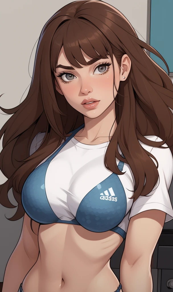 woman in a blue jacket and black bra, plump lips, Brown eyes, playful look, Smokey Ice Makeup, tanned skin, long brown hair falls to the shoulders