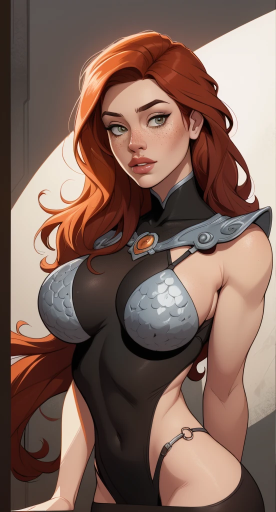large breasts, 1girl, woman, mountain warpriest villainess, armor, , bombshell hair, iridescent orange hair, curly hair, slim figure, narrow waist, tight ass, medium breasts, albino