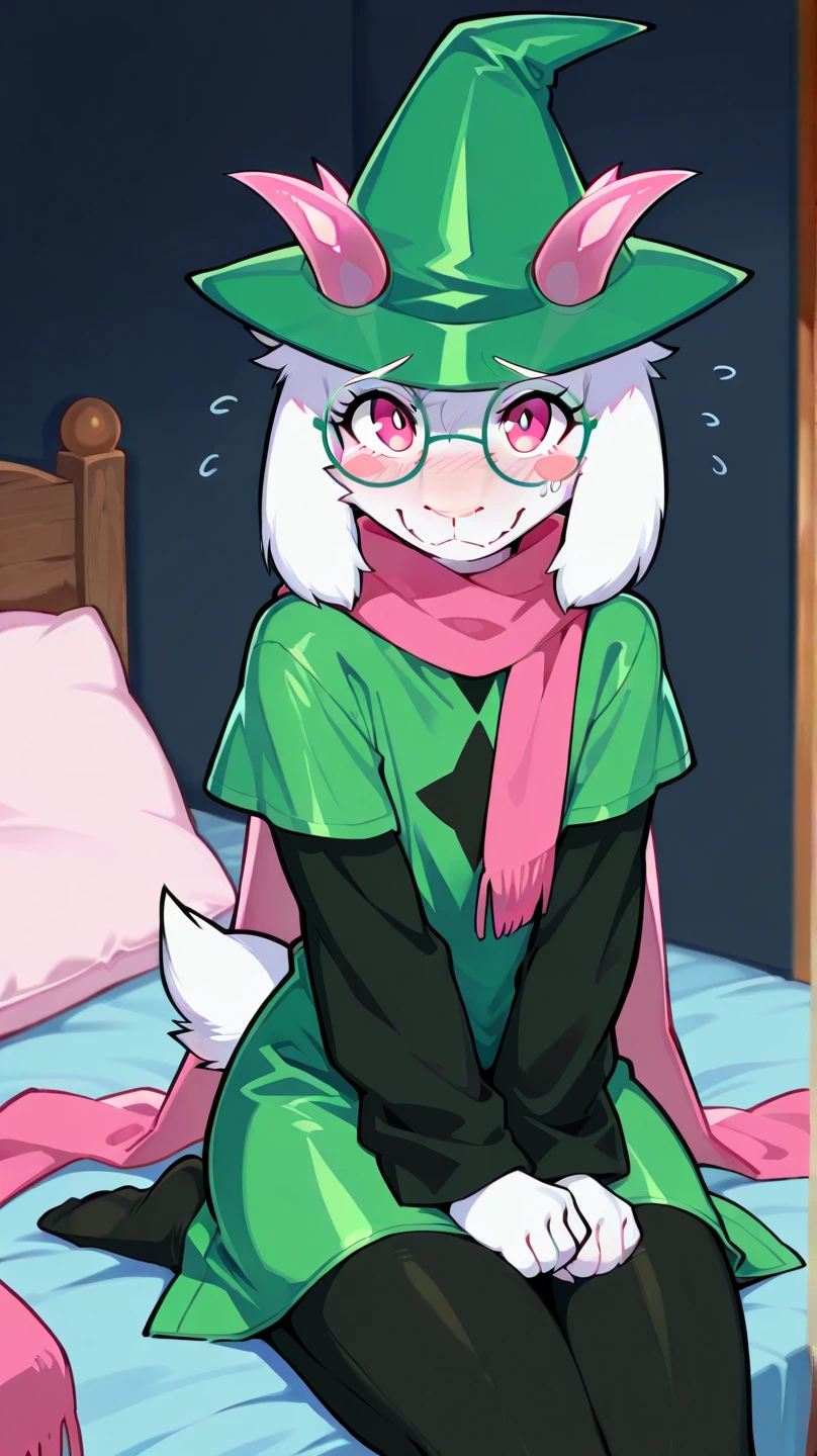  score_9,score_8_up,score_7_up, source_cartoon, source_furry, kemono style, ralsei from deltarune, Anthro furry goat boy, pink horns, pink eyes, feminine, femboy,  tall slender body, fluffy body, hourglass figure, white furry body, wearing only his hat, green open cloak, pink thong, lying on a bed, bashful pose, 4 fingers, 