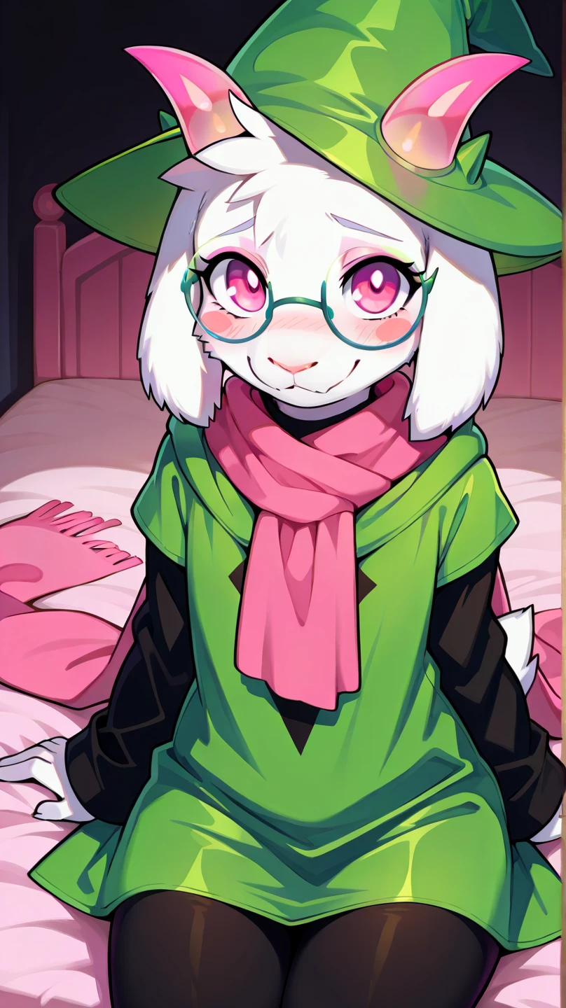  score_9,score_8_up,score_7_up, source_cartoon, source_furry, kemono style, ralsei from deltarune, Anthro furry goat boy, pink horns, pink eyes, feminine, femboy,  tall slender body, fluffy body, hourglass figure, white furry body, wearing only his hat, green open cloak, pink thong, lying on a bed, bashful pose, 4 fingers, 