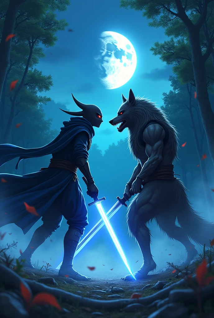 anime, 2 wolf stand near like horror, lazer katana, mistrious fog, dark night, 8k, hd, sky lightning, text in bottom Evans Aces