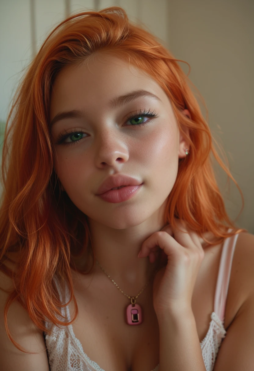 tiny ULTRA REALISTIC, cute girl, cute face, big green eyes, full lips, long orange red hair pink lock, blow job