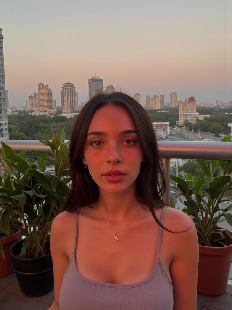 23-year-old hyper-realistic Latin girl with freckles, mood selfie for instagram, Ultra Definition, (photoreallistic: 1.4), 8k, calidad premier, fondos detallados, cara delicada, maquillaje natural, foto raw, iphone, HDR, Coqueteando con el espectador, en la ciudad, cabello recogido hecho cola, Hands back, pose natural, en el Empire State seeing, red top, skyfall