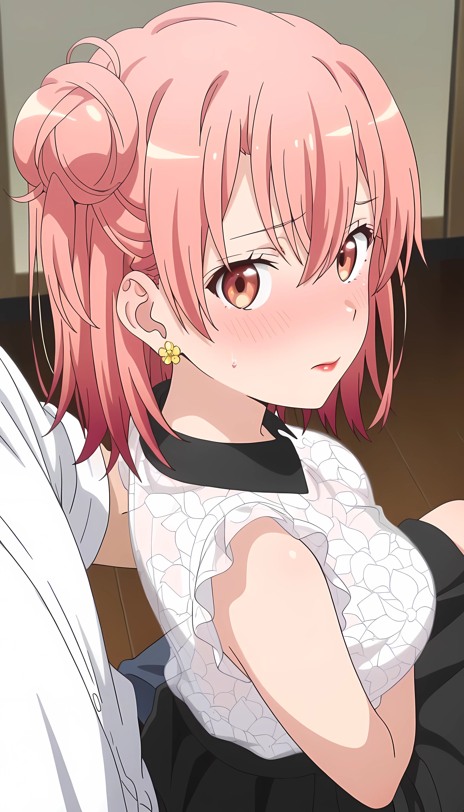 amazing quality, best quality, masterpiece, newest, highres, absurdres, anime coloring, anime screencap, 1girl,yui yuigahama,pink hair,short hair,gradient hair,hair bun,pink eyes,single side bun, very large breasts, medium hair, orange hair, single side bun, orange eyes, hair between eyes, flower earrings, red lips, YuiDress, wing collar, black collar, frilled shirt, sleeveless shirt, see-through shirt, white shirt, high-waist skirt, long skirt, black skirt ,looking at viewer, indoors, pov, facing viewer, (close-up), high angle, looking back, blush, embarrassed, sitting, sitting on person, full-face blush, from behind, from above, sitting on lap, pov hands, pov, hug from behind, leaning on person, detailed face, detailed eyes,