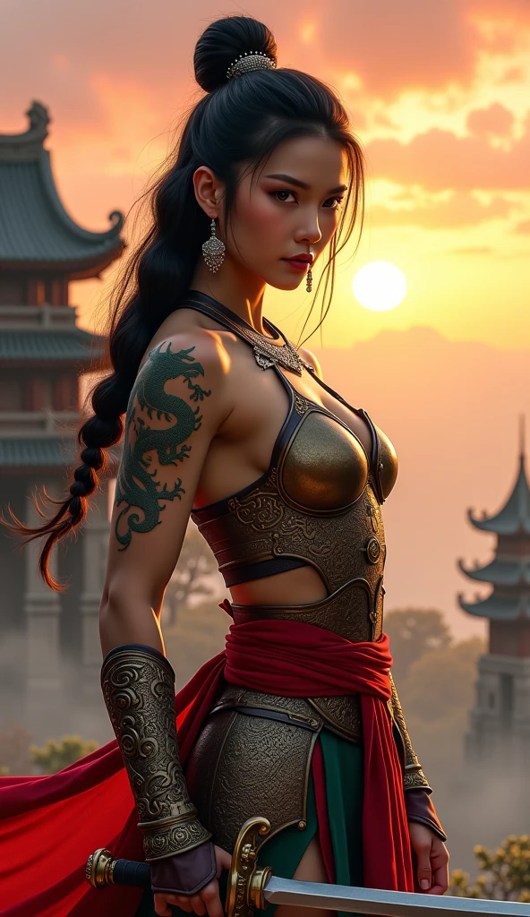 (masterpiece, best quality), ((Photorealistic)) beautiful Asian woman, (scene: side by side with a Chinese dragon in the old city), ((detailed fighting leather gear)), 25-year-old Asian woman with brown skin, perfect body, necklace, ((voluptuous curvaceous perfect body)), black wild hair, perfect face, beautiful face, alluring, gorgeous eyes, fierce, (background; ancient city of Peking)