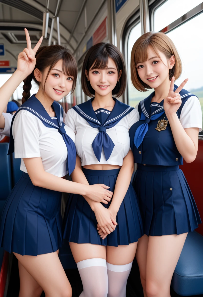 Three Girls,japanes,line up,A smile,Idol,(Colorful Lingerie),large full breasts、perfect-composition、top-quality、ultra-detailliert、masterpiece、realisitic、Shortcut Hair,((a sailor suit)),((Short sleeve uniform white shirt)),(neck tie),(Blue Mini Pleated Skirt),