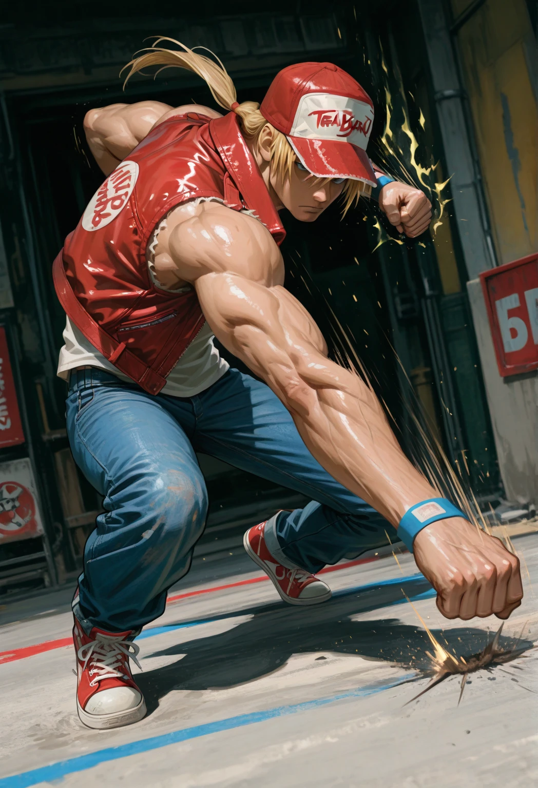 [(wordless) "sports action shot, Olympic MMA illustration, warm 1990's animation coloring, crowded arena, anticipation, moment of kick impact, dynamic detailed drawing, hatching, and perspective. foreshortening. illusion of depth and perspective by distorting the proportions,