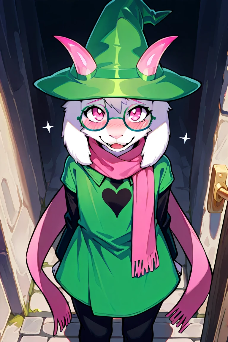 alone, 1boy, masterpiece, best quality, anime, goatboy, ralsei in green raincoat, with black sleeves, and image of black heart, and black leggings, and pink scarf, and green glasses, and green magician hat, goat ears are down, no shoes, pink horns, no hair, anthro, white fur, against a background of dark town, with black castle and streets, pink eyes, with pink eyelids, and eyelashes, looking at viewer, standing, peace sign, goat wide snout, correct goat nose, blush, shy smile, cowboy shot, soft shadows, safe rating, open mouth, at night