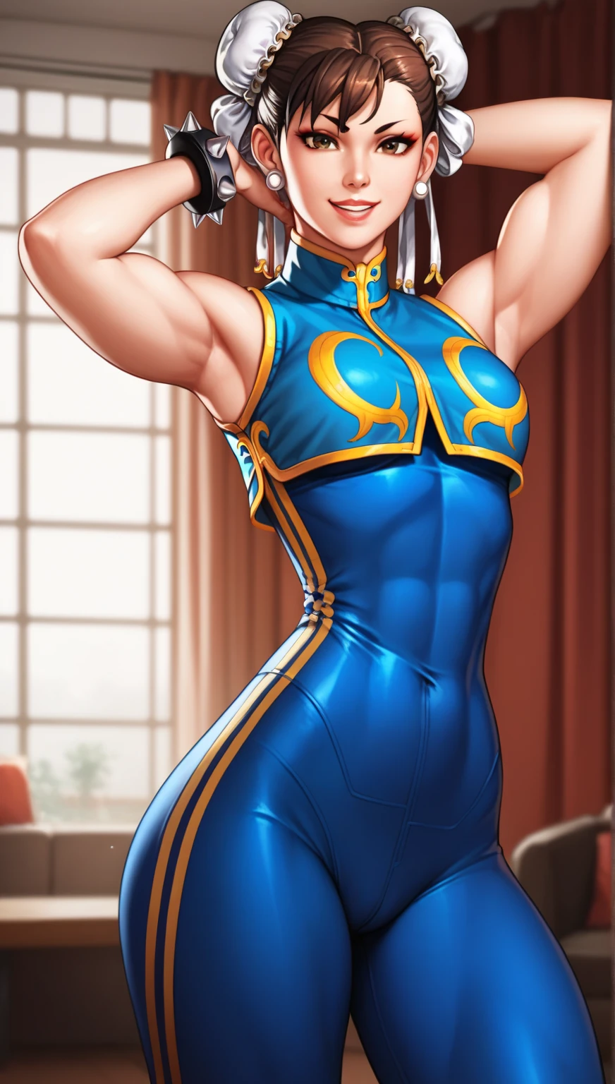 Chun-Li, wide hips, attractive, long legs, beautiful eyes, Beautiful whole body, small breasts, 섹시한 Chun-Li 의상, tempting, Abs