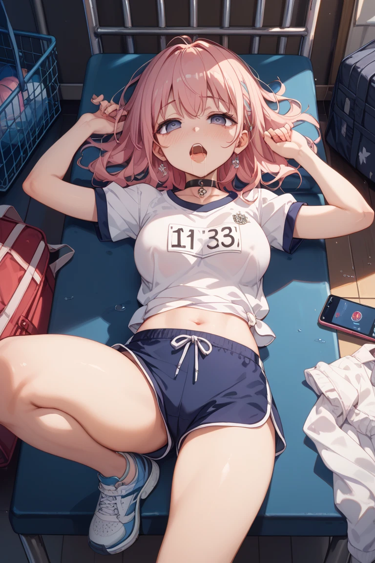 long pink shirt with a kitten drawn on it, no pants with panties showing, long pink hair,, little tits, lying on the sofa with a sexy pose, holding the cell phone, naked, showing hairy pussy 