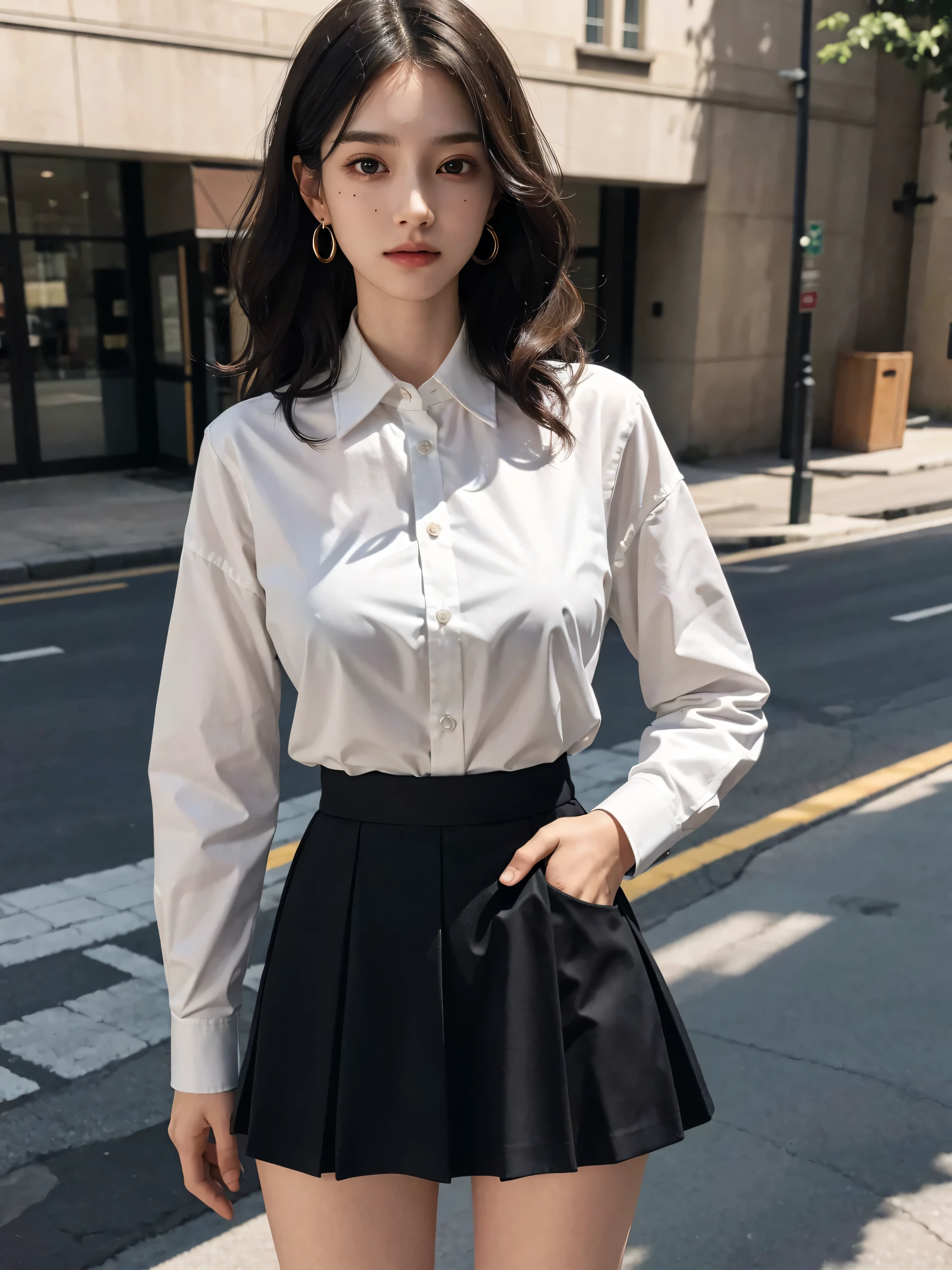 absurdres, RAW photo, extremely delicate and beautiful, masterpiece, Best Quality, ultra high resolution, 32k, hyperrealistic, ultra-detailed, perfect anatomy, perfect figure, super Detailed skin, 20 years old, very Slim body, narrow waist, very small head, very small face, delicate facial features, tearful mole, earring, thin legs, bare legs, ((very huge round breasts)), short medium hair, ((wavy hair)), wet clothes, school_uniform, dress shirt, pleated skirt,