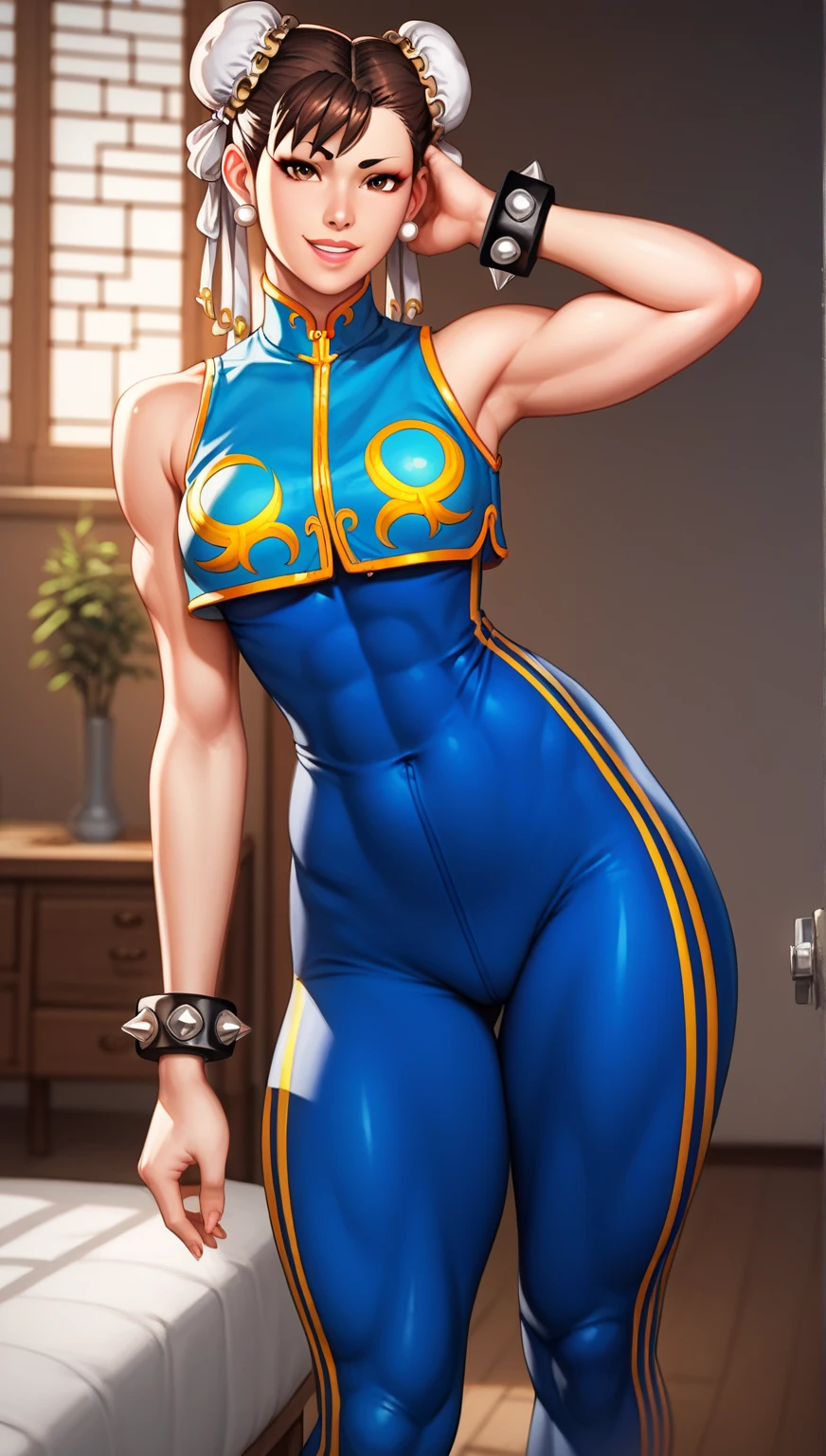 (b4ttl3:1.2),topless, blue leggings, golden hair, btpt-fc,