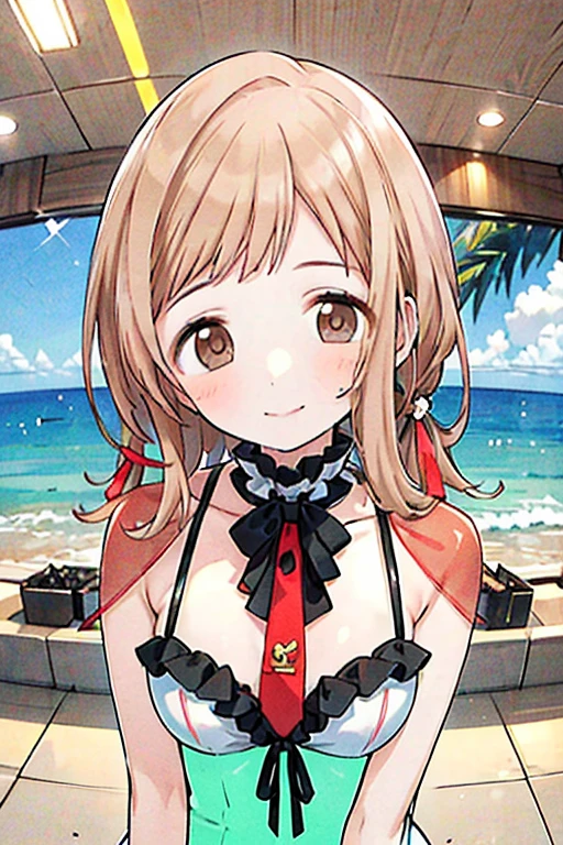 highest quality、masterpiece、high resolution、solo、{hifumi_bluearchive:1.15}、long hair、twin tails、ローtwin tails、yellow eyes、light brown hair、blush、open your mouth、bangs、smile、clavicle、1 girl、bikini、Day、wears glasses on head、frills付きbikini、frills、null、sunglasses、swimsuit、白bikini、cloud、belly button、outdoor、青null、Ocean、women stink、fart、embarrassing、My stomach is growling、Gas comes out of the butt、spread your butt