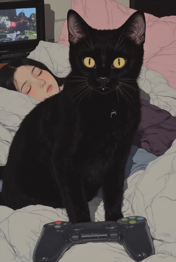 there is a picture of a woman laying on a cat, inspired by Taro Yamamoto, inspired by Jeffrey Catherine Jones, in the art style of bowater, inspired by Ryohei Hase, inspired by Tsukioka Yoshitoshi, japanese pop surrealism, inspired by Matsuno Chikanobu, inspired by Harumi Hironaka