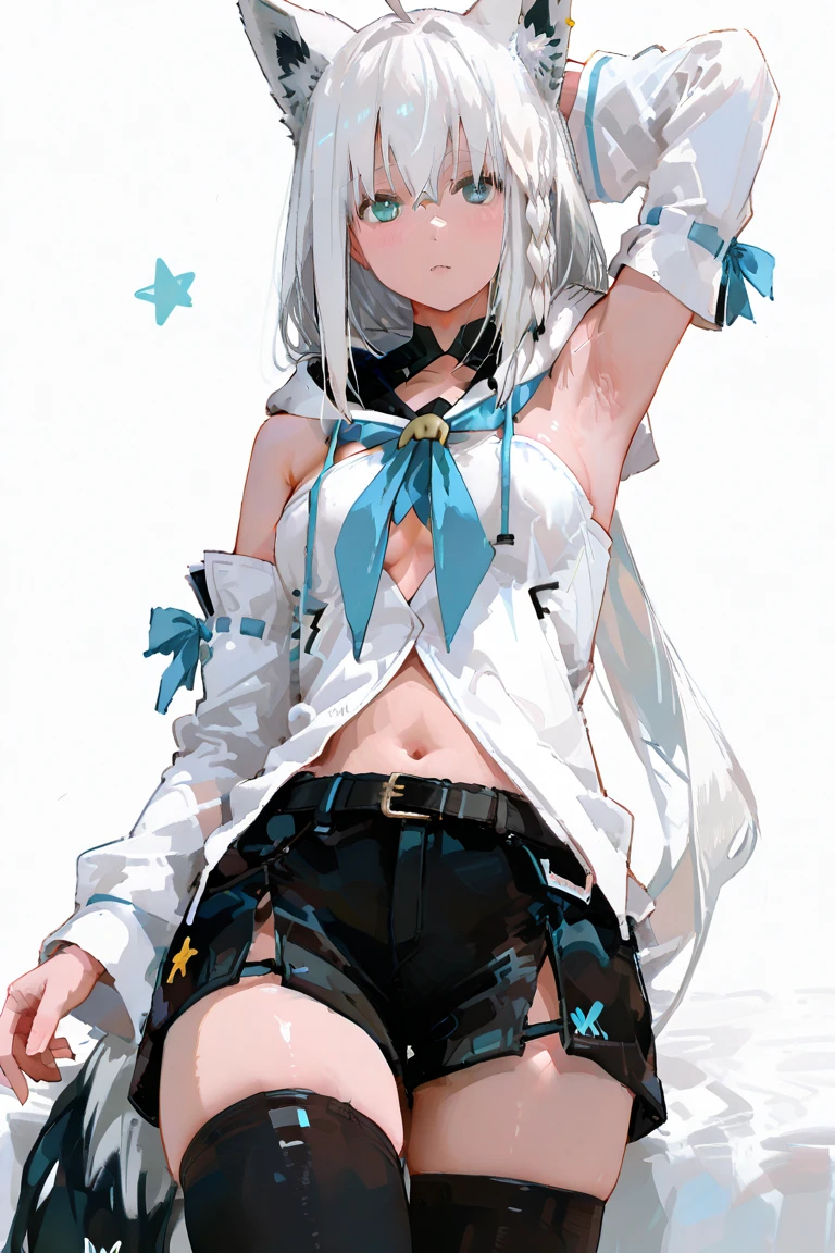 an illustration of an anime style drawing of a white fox girl in tight shorts, animal ears, skindentation, 1girl, tail, solo, blue eyes, thighhighs, navel, smile, thighs, blue hair, fox tail, collar, hair ornament, midriff, clothing cutout, thigh strap, looking at viewer, crop top, black thighhighs, shorts, fox ears