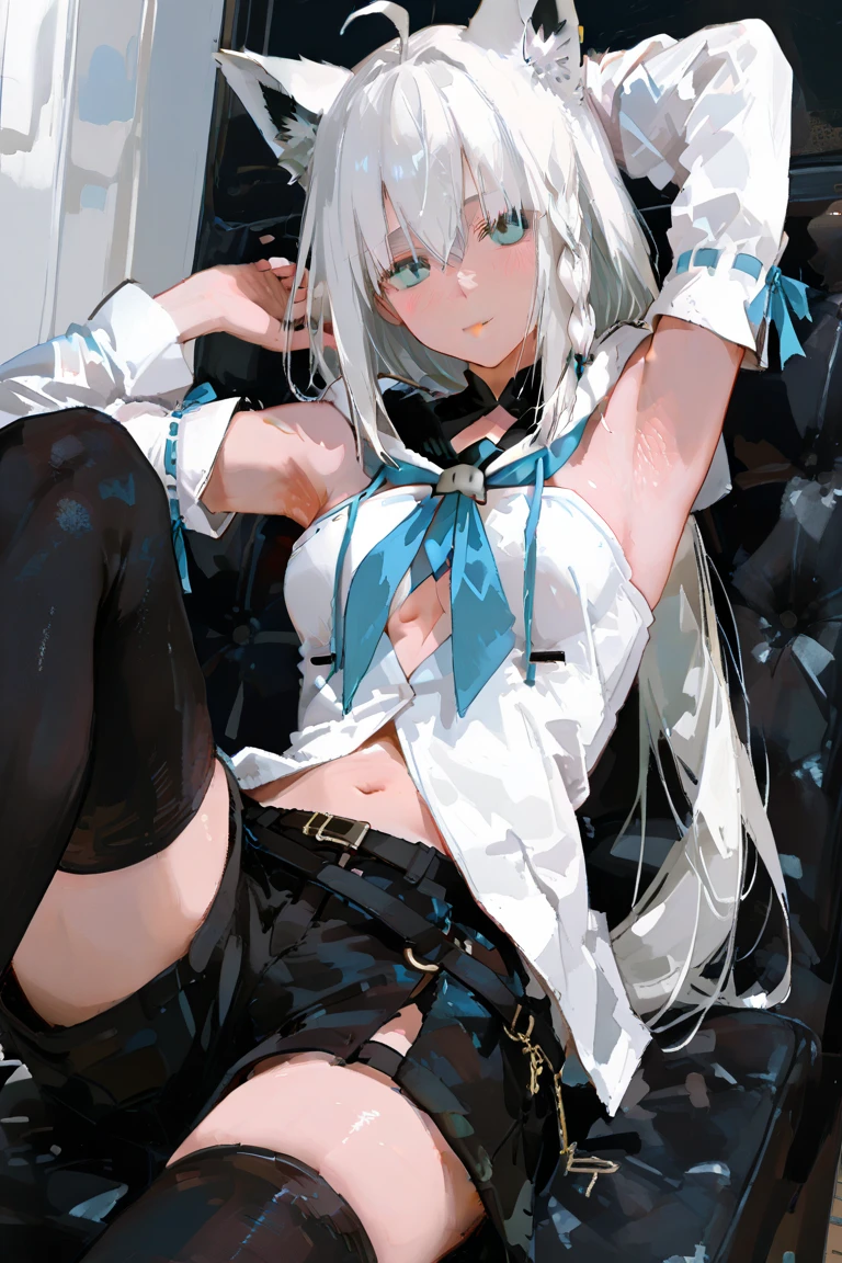 teenage girl,Beautiful and Brave, Long white hair, blue eyes, Wear white, Full HD, best quality,Lying on the devil's bed, Shy,Wearing white stockings
