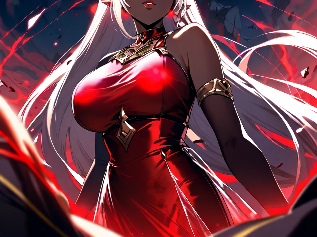 8K, Ultra High Definition, Super detailed, mature woman, milf, sexy mature woman, Shiny detailed hair, detailed face, normal landscape, solo, looking at viewer, {{best quality}}, {{masterpiece}}, {{ultra-detailed}}, {detailed light}, ultra high quality eyes, detailed eyes, perfect eyes, large eyes, detailed red eyes, wearing a metallic dress, white hair, long hair, beautiful, skinny body, White skin, slutty, erotic, showing the butt, ((nsfw))