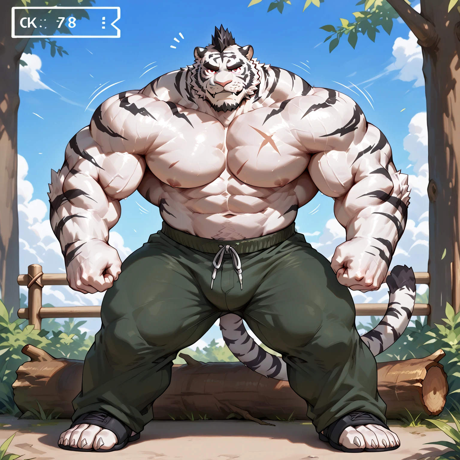 hombretigre, solo, (soft shading), 4k, hi res, ((detailed face, detailed eyes, detailed)), (full body), by zackarry911, by zaush, muscular, muscular male, bara, (plump), pose, gray eyes, male focus, nipples, thighs, stomach, bare pectorals, big belly predomination, athletic body ((correct anatomy: 1.3)), muscle gut, overweight, big belly predomination, high-angle view, by milkytiger1145, by 96panda, cosplaying as a monk, martial arts stance, detailed eyes, detailed face, detailed hands, detailed feet, muscular legs, mountain background, standing in front of trees, training with martial arts, fighting stance, fierce facial expression, smiling, mouth open, sweaty