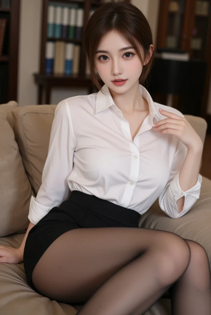 There is a woman sleeping with her legs out on the sofa, close your eyes、Office lady in a mini skirt and white shirt, (Ultra-realistic pantyhose)、Bra is visible through、Shot on a Canon 80d, Beasts, Throw out both legs, Shot with a Canon 5D MK4, Shot with Canon EOS 5D, Shot with Canon EOS 5D Mark IV, Shot on Sony Alpha 9