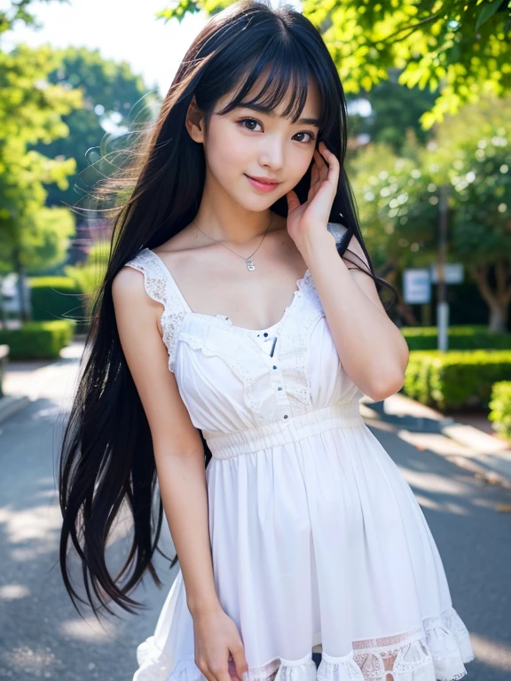 ((Attention to detail)),(Super detailed), Highly detailed CG Unity 8k wallpaper, beautiful girl,((Two people)), Highest quality, 8K, (((11 years old)))、girl、Long straight hair、Summer outfit、((Happy smile))、Bust Shot、（sea）、