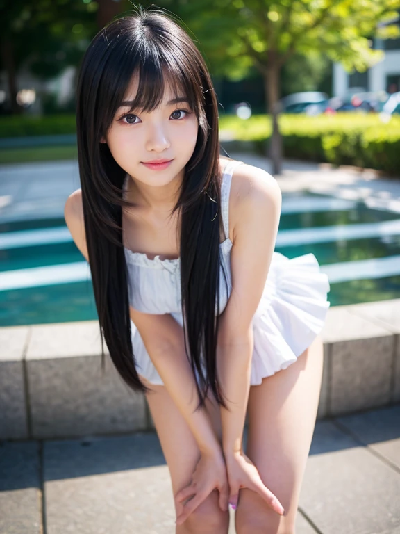 Highest quality、Portraiture、Japanese women、Genuine、1 person,15-year-old girl,small,smile,(Aperture value F22,15mm value,ISO100 setting),8K quality,RAW Photos,Professional photography,Professional Lighting,((Hair swaying in the wind))、Young and radiant white skin、Shiny black hair、Smooth and fluffy semi-long hair、Hair tied with ribbons、((Flat Chest))、Shiny beautiful bangs、Clear, attractive dark brown eyes、Slim body、Best moment、small ass、whole body、(Japanese school gym uniform)、boost mood、Run at full speed、Hair swaying in the wind、Sweat gushing、Background blur、