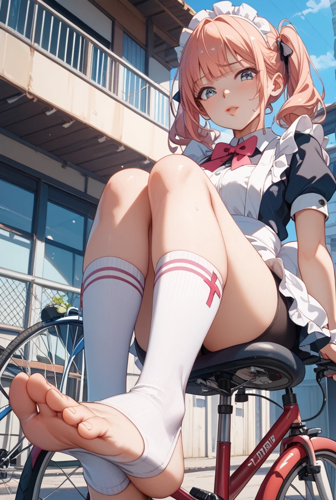 (masterpiece, highest quality, ultra high res, ultra detailed:1.3), 1 cute girl, ideal ratio body proportions, pink medium hair, half twintail, small breast, from below, front view, yellow baggy tank top, tank top covered nipples, blue denim mini (skirt, white panties:1.4), (sitting, open legs, riding on a seesaw:1.3), view from the other side of the seesaw, cameltoe, 