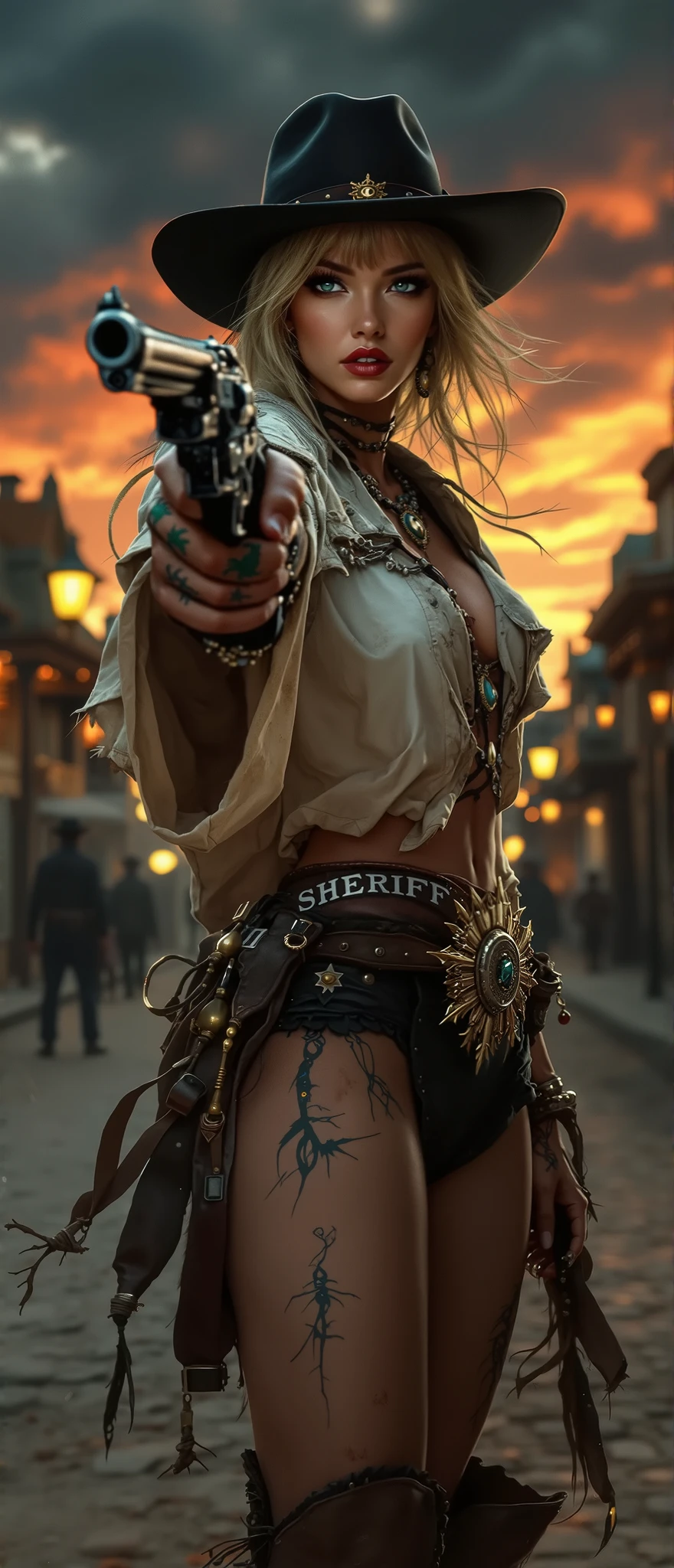 arafed woman in a cowboy hat holding a gun in a desert, post - apocalyptic cowgirl, cyberpunk wild west, karol bak uhd, cowgirl, deviantart artstation cgscosiety, ultra realistic concept art, stunning cgsociety, 4 k wild west, western gunslinger, highly realistic concept art, oldwest, cow-girl, post - apocalyptic cowboy