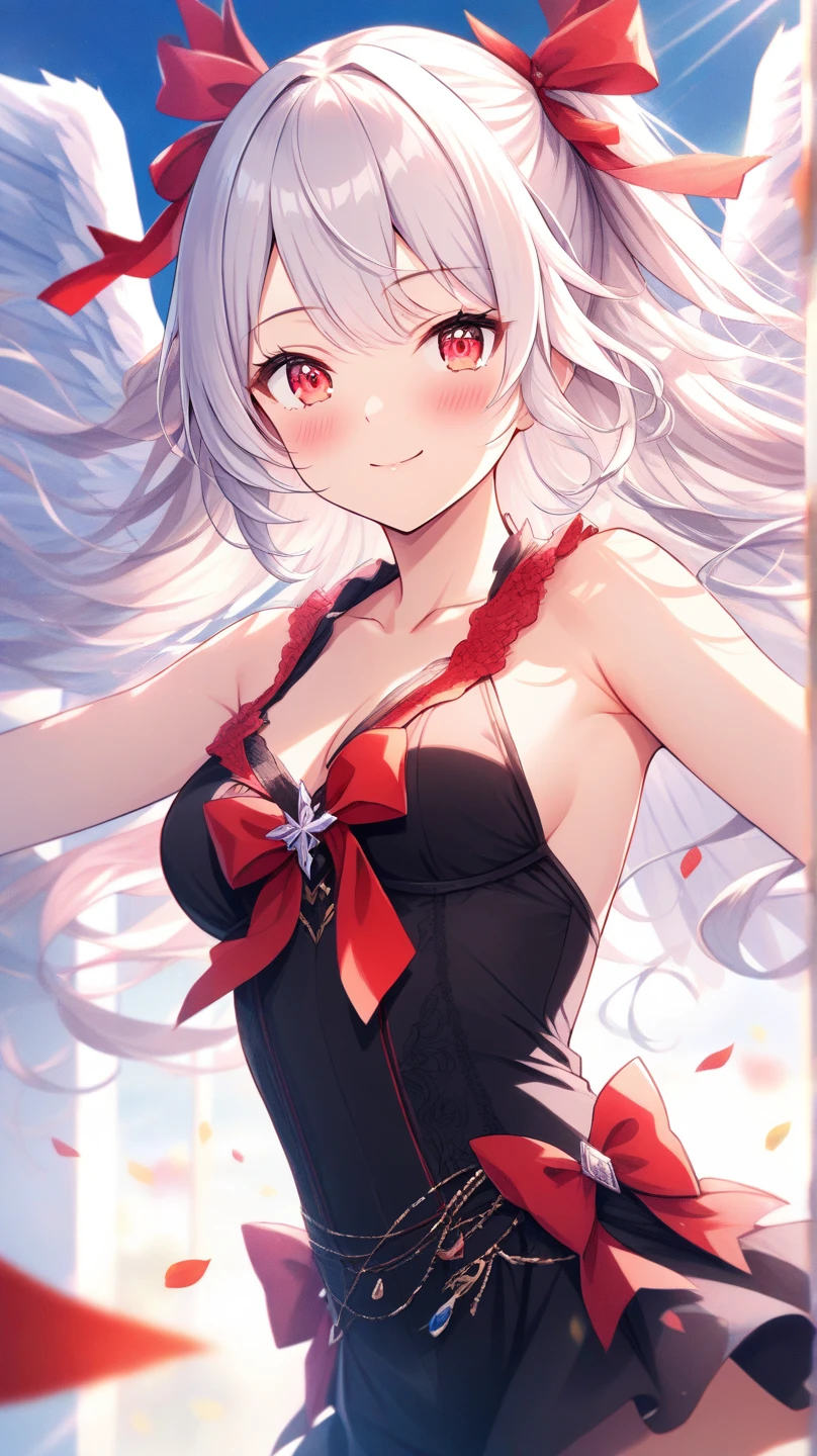 (Rainbow Hair, Colorful Hair, half silver、Half pink hair: 1.2), ,long hair、(Cinematic digital artwork: 1.3), high quality, Tabletop, Turquoise eyes、最high qualityの, Super detailed, figure, [4K Digital Art]!!、 Kyoto Animation Style, One Woman, clavicleの美しさ, clavicle, Light, want, blue sky, positive, Dead leaves dance、full moon、((wine red color、maple leaf、Transparent silver dress Sedan&#39;s sexy outfit))、scarlet polka dot unset, motivation, shine, Dynamic Perspective、Blue glasses、Green ribbon、Twin tails、Embarrassed face、Cute face、happy face