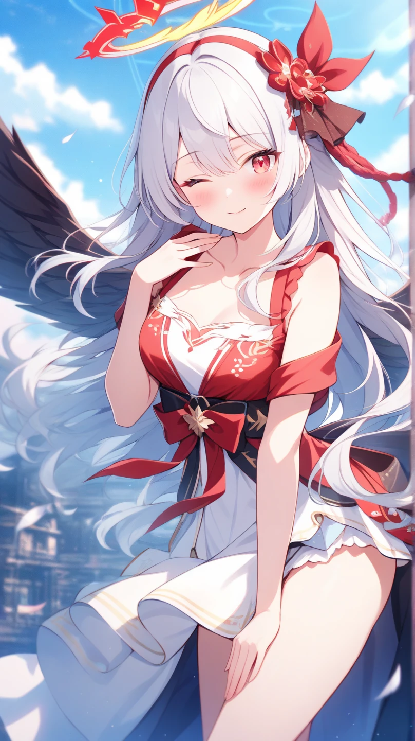 1girl, breasts, food, large_breasts, thighhighs, gloves, white_gloves, white_hair, hat, ribbon, yellow_ribbon, white_footwear, looking_at_viewer, high_heels, dress, solo, fruit, red_eyes, cleavage, long_hair, wings, elbow_gloves, frills, white_dress, holding, bare_shoulders, red_thighhighs,blue
