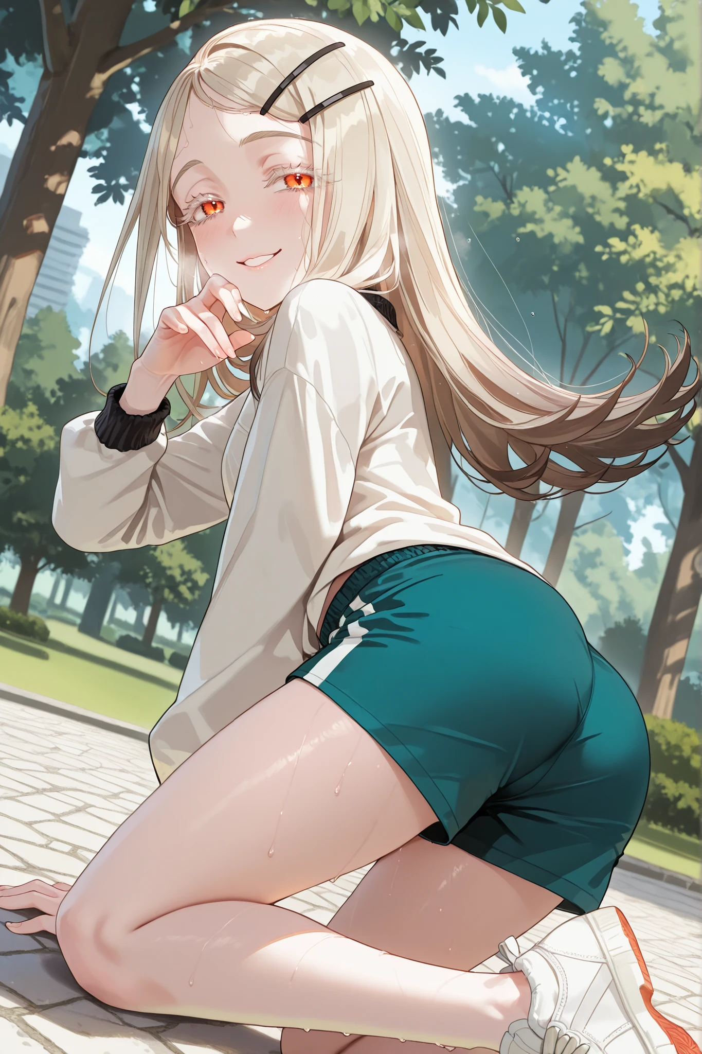 1girl, shinosawa hiro, slender, orange eyes,white eyelashes,blonde hair,brown hair,long hair,hairclip,track jacket,green shorts,white sneakers, outdoors, park, trees, looking at viewer, sweat, detailed hands, very pretty, naughty smile, dynamic pose, dynamic angle, best quality, masterpiece, ultra detailed, very aesthetic 