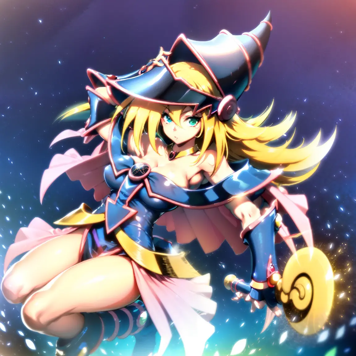 chica maga oscura, obra maestra, mejor calidad, 1girl, cabello rubio, calzado azul, sombrero azul, pechos, monstruo de duelo, sombrero, hexagrama, flotante, sol: 2, cabello largo, mirando al espectador, toenail polish, pentacle, pentagrama, solo, walking stick, varita, sombrero de mago, yu-gi-oh!, desenfoque de movimiento, (luz del sol: 1.2), chromatic abberation, profundidad de campo, soft illuminaotion, al aire libre, en el cielo, Pose sujestiva y sensual