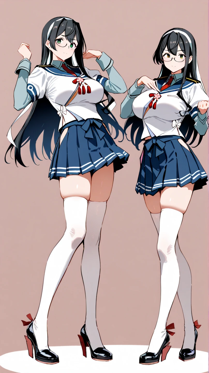 highest quality, ultra high resolution, (realistic: )2D official style cel animation,(multiple views)middle School girls,Plaid mini skirt,summer shirt,light blue panties,bra,loose socks,sneakers,Beautiful black hair straight,full body portrait,(from below),family restaurant,Sunny,smile,(Low - Angle)