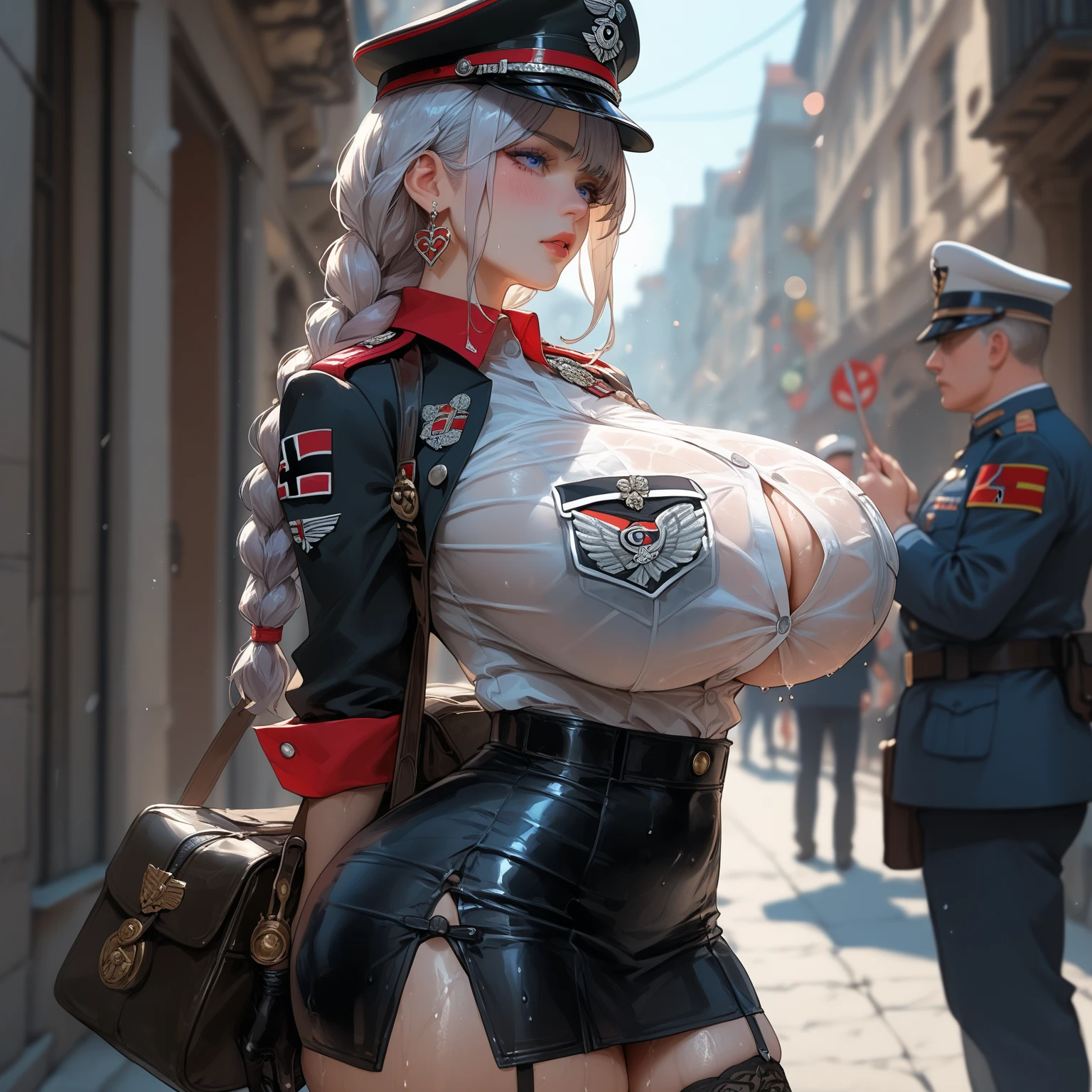 (highres,masterpiece:1.2), ultra-detailed, female Malaysia soldier, hijab, tight military clothes, exposing body, nipple, looking at then viewer s , one of her hand was saluting, get surrounded by a lot of male soldiers, in the field,