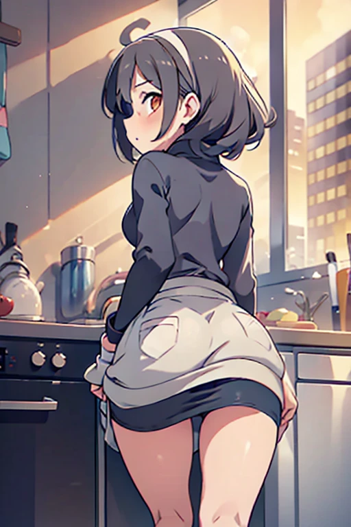 masterpiece, yor, 1girl, Amazing Cleavage:1.3, thin waist, big ass, Raised sexy, medium breast: 1.8 posed cleavage:1.2、solo, looking at viewer, open mouth, have a cup of coffee,black hair, red eyes, dress, bare shoulders, jewelry, collarbone, sidelocks, hairband, earrings, indoors, off shoulder, :o, sweater, arms behind back, plant, short hair with long locks, white hairband, off-shoulder dress, sweater dress, off-shoulder sweater, red sweater, big side hair, very long side hair,is rendered in (masterpiece: 1.2, best quality), with (ultra high resolution) and an exquisite (depth of field). This masterpiece is not only visually stunning but also tells, make of cake cooking ,in the kitchen
