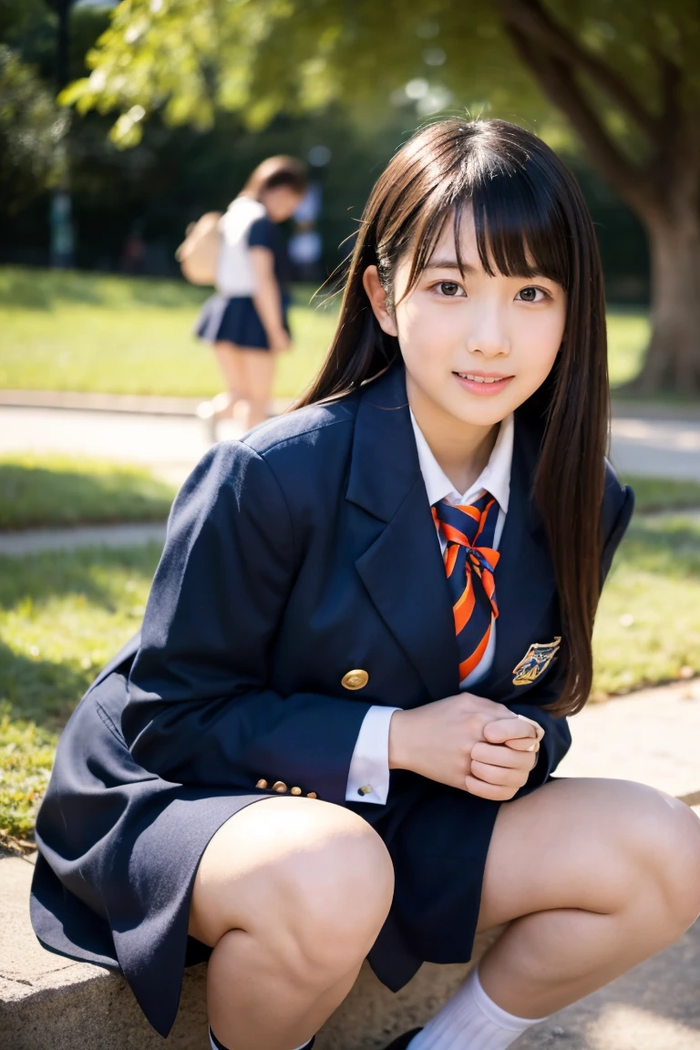 School playground、Cute Japan high school girl、、Wearing a uniform、Crouching with legs apart、Panty shot、White underwear is visible