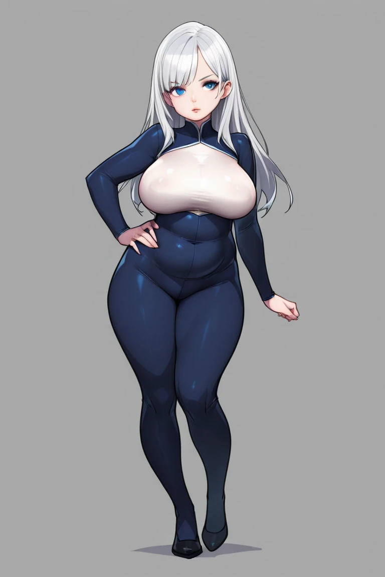 solo,open mouth,fangs,smile, Neferpitou,1girl,red eyes,cat ears, blue jacket,double-breasted, (nature:1.2),stading, full body, boots, huge breast, curvy, tall female,refsheet, cat tails,