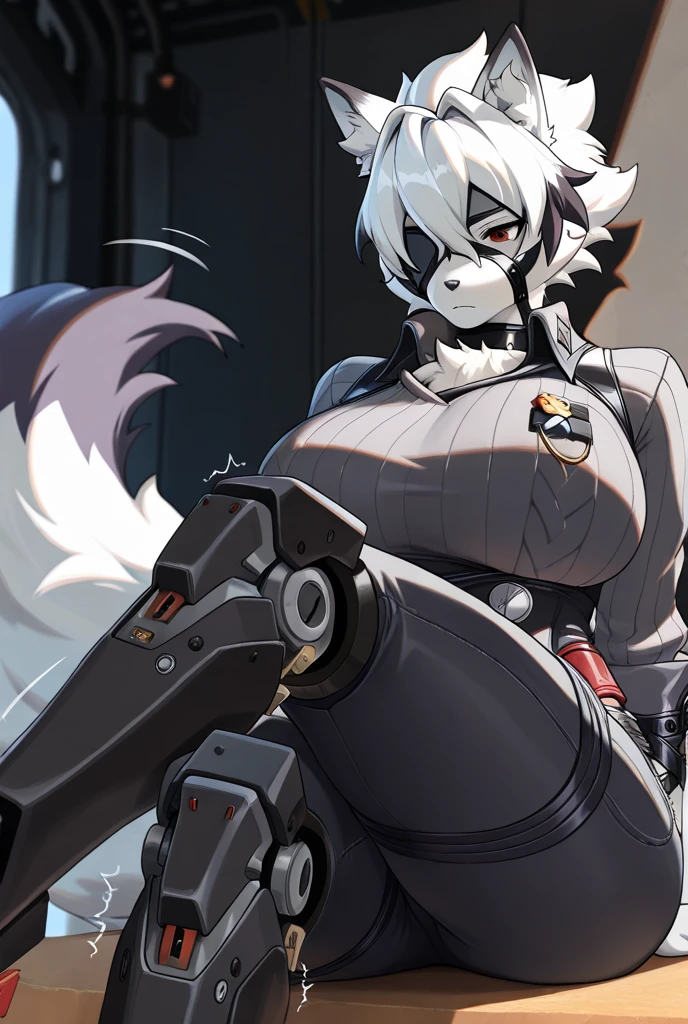 female, Von Lycaon, (Zenless Zone Zero), wolf, sexy body, cute face, clean eyes, red eyes, white sclera, eye patch, mythical armor