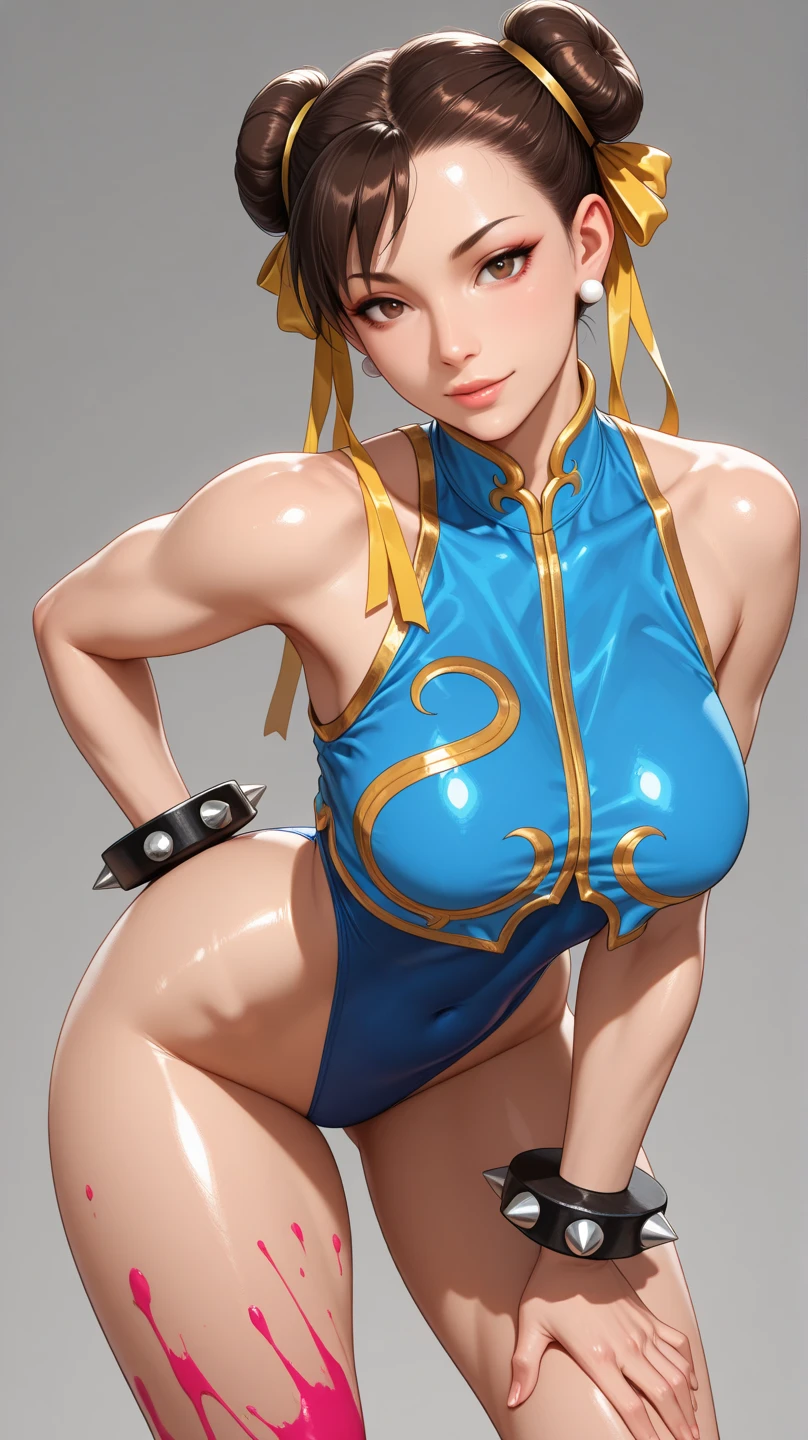 woman in her 20s, chunlims, (perfect face), defined jawline, beautiful brown eyes, beautiful lips, (short brown hair, hair bun, double bun), (perfect anatomy), (athletic body), (sexy), (thick thighs), (perfect hands), (blue cheongsam), tight blue track pants, spiky bracelets, looking at viewer, (medium full shot photograph), (fighting arena background), realistic
