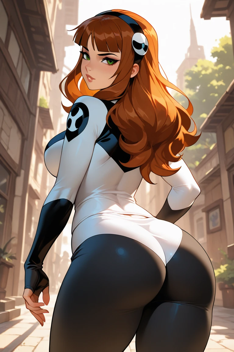 ultra realistic 8k cg, masterpiece, ((ultra detailed background, intricate detail, highly detailed, fine details best quality, hyperdetailed face)), gigantic breasts ,beautiful lighting, absurdres, BoaHancockV2, 1girl, solo, (orange hair :1.4), long hair, jewelry, closed mouth, ), (Spider-gwen costume, curvy, shiny clothes), blue eyes, complex detailed background, outside, standing on top of buildings at night), ((cowboy shot)), curvy, (gigantic breasts: 1.1), seductive smile, cowboy shot, curvy ass, big butt, bubble butt,