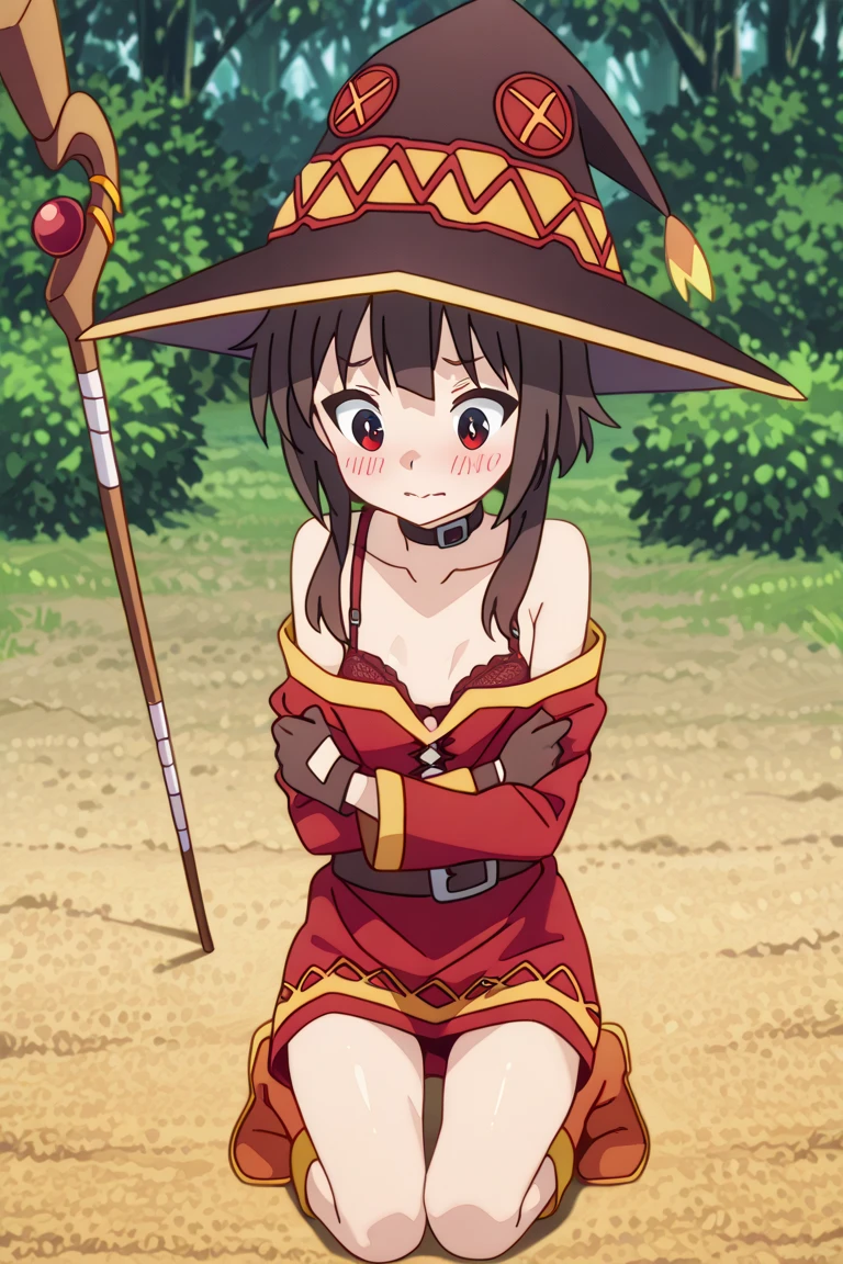 <lora:Tifa_LockhartV2:0.8>, white background, 1girl, solo, short hair, long sleeves, gloves, dress, thighhighs, hat, closed mouth, sitting, sidelocks, outdoors, boots, black gloves, choker, belt, black thighhighs, fingerless gloves, cape, tree, black choker, witch hat, expressionless, brown footwear, bandages, red dress, grass, staff, single thighhigh, knees up, nature, short hair with long locks, asymmetrical legwear, forest, black cape, on ground, bandaged leg, hands on own knees, orange footwear