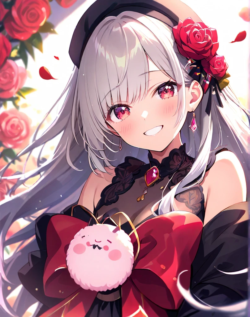 (Highest quality,Very detailed,High resolution:1.2),Thin and albino,Very white hair,Gray bangs,Twin bun hairstyle, She is wearing a large rose hair accessory., very_long white eyelashes, White eyebrows, White skin,Detailed lips, Cool look, Soft Skin, Shiny Hair,Exquisite makeup, Black swimsuit, In underwear, Eating rice balls, Portraiture