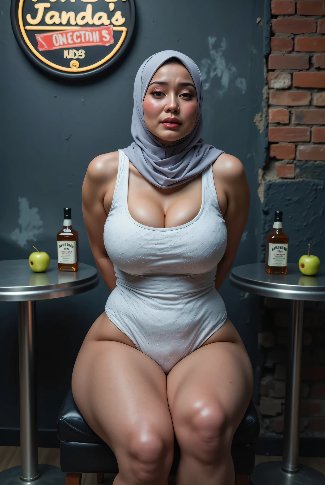 Front posing, SKINNY SUPER OLD LADY, memakai kacamata rabun, (Thighs and calves huge muscles), (((MOODY CRYING FACE EXPRESSION))), "Wearing Hijab perfectly", wearing Scoop Neck Sleeveless white Bodysuits singlet swimsuit 'Fish scales print', (KEDUA BELAH TANGAN DILETAK LETAKKAN DIBELAKANG PUNGGUNG) PLEASE DON'T PUT ANYTHING ROPE!!!,
THIN SKINNY HIJAB INDO MALAY Jumbo (Singlet ), 1 girl, 'MOODY FACE EXPRESSION', Half body portrait, (face details: 1), (Eye details: 1), ((Big breasts)). ultra high res. realistic: 1.4, UHD, (((dark background))), Background worn old brick wall, round Signboard 'Time's Janda Club's neon light at wall, Sitting on a round table stainless steel A two Bottle of Whiskey 'Jack Daniels and two green apple' Above it