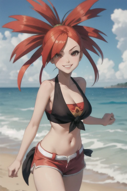 Twintail, red haired, 1girl, grey eyes, tall, well toned, well built, muscled, toned muscles, red highlights, pigtails, beach, bikini, black bikini, pov, sit, looks at the viewer, spread legs, blushing, sweating, (jill off:1.2), stockings, (ahego:1.5) ,At school, frontal, black short skirt, bag, smiling, abusive, super detailed, 4k, (black lingerie:1.5)