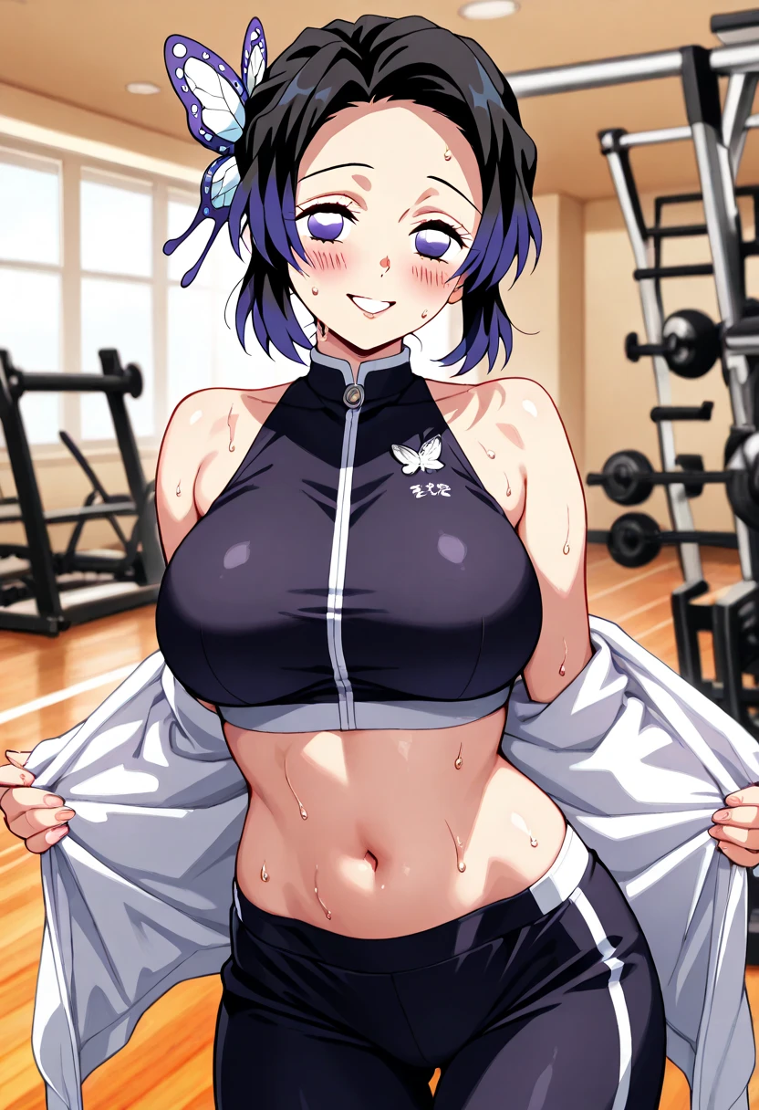 (ultra detailed body and face), poster, anime style, hires ((wrestling ground)), (hinata\(boruto\), (female wrestler), (slender body, sweating, tired), mature woman, milf, (bikini, ultra detailed pro wrestling gear) victorious, gorgeous, winner, kind face, smile, closed mouth, (pale skin, shiny skin, lighting and shadow), (dark blue hair color:1.1), wavy hair, ((short hair, hime cut), big breasts, (only one arm stretching), long belly, closed fists, seductive, (perfect eyes, white sciera, bright eyes, white eyes, anime eyes, eyeshadow, looking at the viewer)