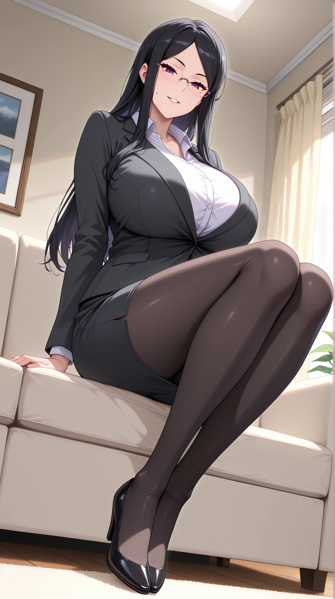 (masterpiece:1.4),(best_quality:1),ultra high res,4K,ultra-detailed,photography,8K,HDR,absurdres,highres,film grain,lens flare,extremely detailed CG unity 8k wallpaper,perfect lighting,(realistic:1.3),
1girl,solo,mature female,shiny_skin,oil,long hair,black hair,breasts,cleavage,thigh_ribbon,(lace-trimmed panties,pantyshot:1.2),(black garter belt:1.2),lace-trimmed_legwear,pencil skirt,black pantyhose,high heels,<lora:chunhua:0.6>,indoors,bedroom,city,neon lights,Bustling city,sexy,window_,bed,tile_floor,looking_at_viewer,(eye-contact:1.2),smile,open_skirt,open mouth,