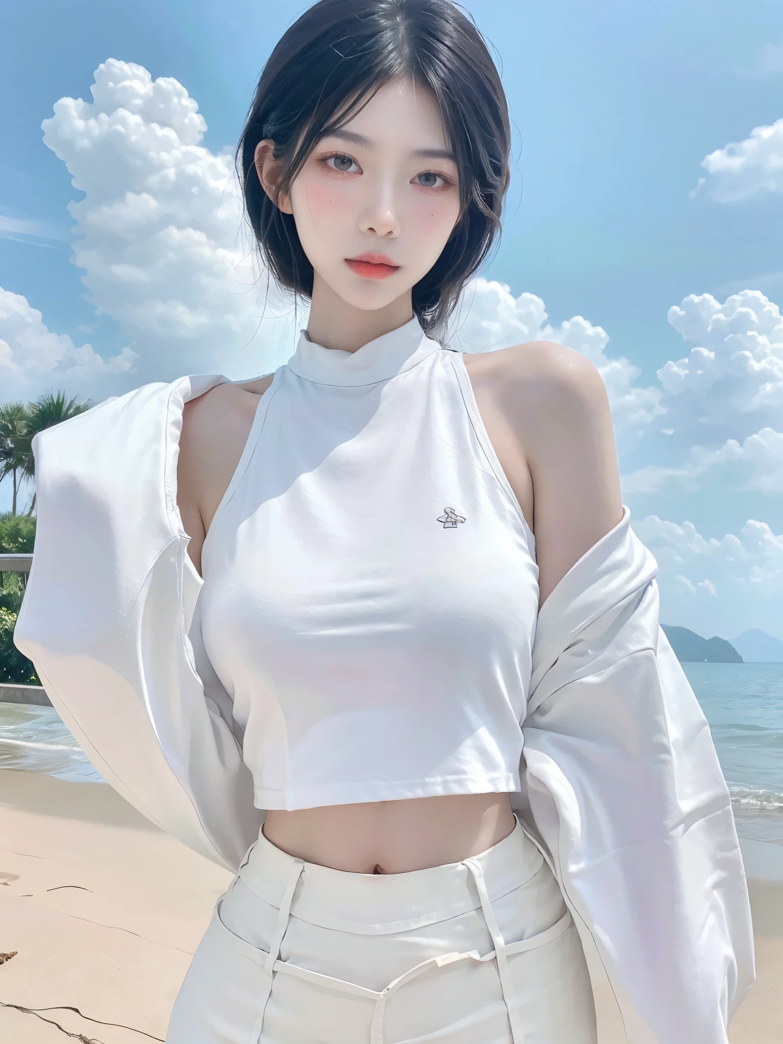 Beautiful woman with perfect figure:1.4，Swimming background，Desert Background，Ultra-high resolution，Seductive laughter，wear glasses，White legs，（lifelike：1.4），Layered Hairstyle，White skin，Black mini pleated skirt，whole body，Very delicate face and skin texture，Double eyelids，Skin Whitening，Long hair，White hair，White，